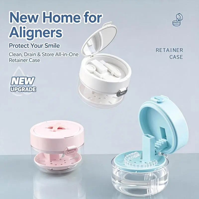 3-In-1 Portable Silicone Retainer Box - Flip-Top Lid, Cleansing Basket, Oral Moisture Care Tool for Invisible Aligners, Dentures (Home Organizer Storage Accessory)