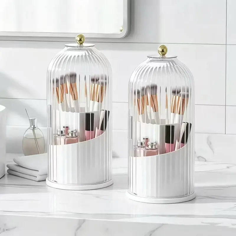 Transparent Glam Plastic Toothbrush Cup Holder with Cover, Combined 3-Slot 360-Rotating Multi-Port Organizer, Table-Mount for Electric Toothbrushes, Toothpaste & Makeup Brushes, Bathroom Countertop/Vanity Org., Mothers' Gift