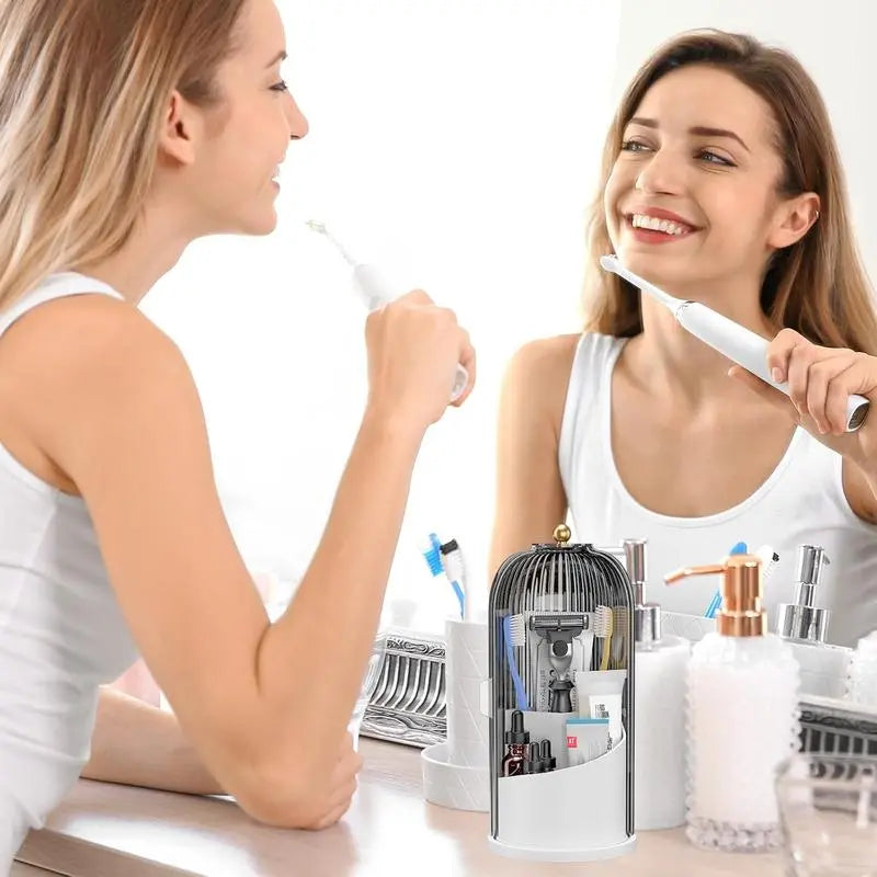 Transparent Glam Plastic Toothbrush Cup Holder with Cover, Combined 3-Slot 360-Rotating Multi-Port Organizer, Table-Mount for Electric Toothbrushes, Toothpaste & Makeup Brushes, Bathroom Countertop/Vanity Org., Mothers' Gift