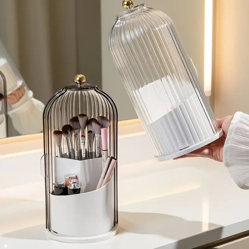 Transparent Glam Plastic Toothbrush Cup Holder with Cover, Combined 3-Slot 360-Rotating Multi-Port Organizer, Table-Mount for Electric Toothbrushes, Toothpaste & Makeup Brushes, Bathroom Countertop/Vanity Org., Mothers' Gift