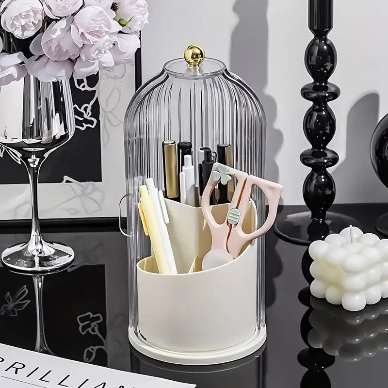 Transparent Glam Plastic Toothbrush Cup Holder with Cover, Combined 3-Slot 360-Rotating Multi-Port Organizer, Table-Mount for Electric Toothbrushes, Toothpaste & Makeup Brushes, Bathroom Countertop/Vanity Org., Mothers' Gift