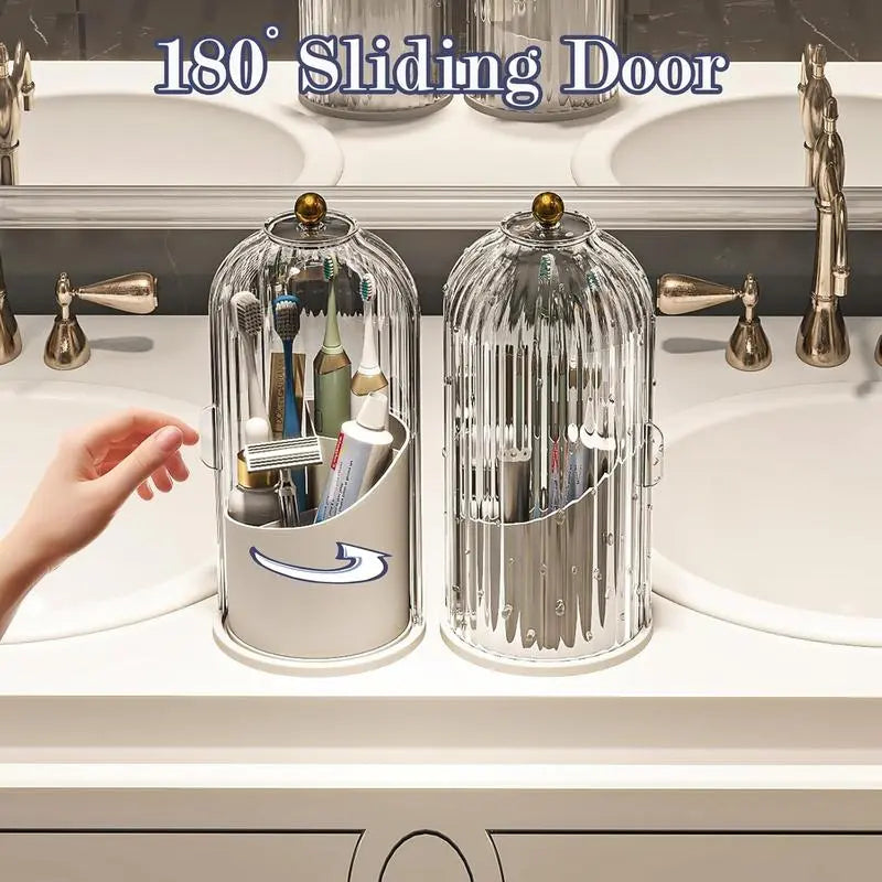 Transparent Glam Plastic Toothbrush Cup Holder with Cover, Combined 3-Slot 360-Rotating Multi-Port Organizer, Table-Mount for Electric Toothbrushes, Toothpaste & Makeup Brushes, Bathroom Countertop/Vanity Org., Mothers' Gift