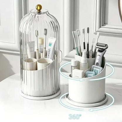 Transparent Glam Plastic Toothbrush Cup Holder with Cover, Combined 3-Slot 360-Rotating Multi-Port Organizer, Table-Mount for Electric Toothbrushes, Toothpaste & Makeup Brushes, Bathroom Countertop/Vanity Org., Mothers' Gift