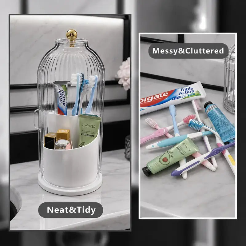 Transparent Glam Plastic Toothbrush Cup Holder with Cover, Combined 3-Slot 360-Rotating Multi-Port Organizer, Table-Mount for Electric Toothbrushes, Toothpaste & Makeup Brushes, Bathroom Countertop/Vanity Org., Mothers' Gift